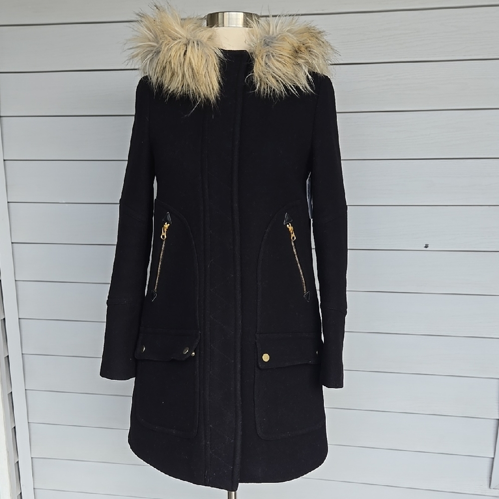 NWT J. Crew Women's Black Stadium Cloth By Nello Gori Wool Coat Size 00